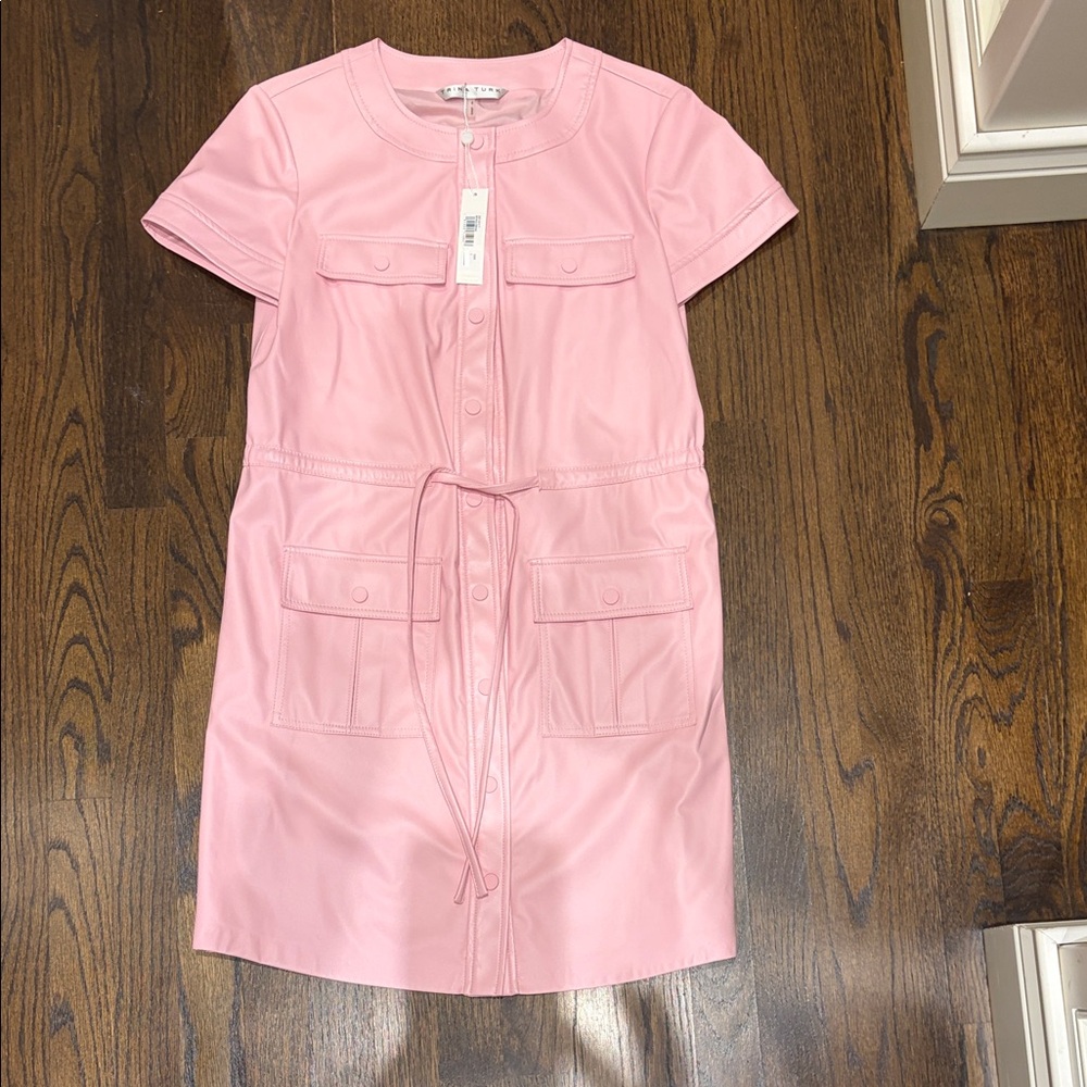 Trina Turk Pink Faux Leather Pocket Shirt Dress